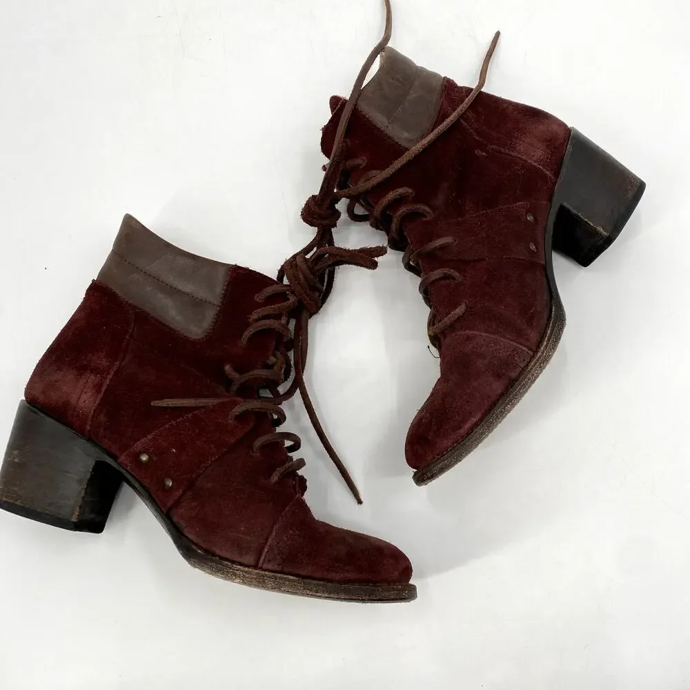 Freebird Cage maroon suede lace up booties